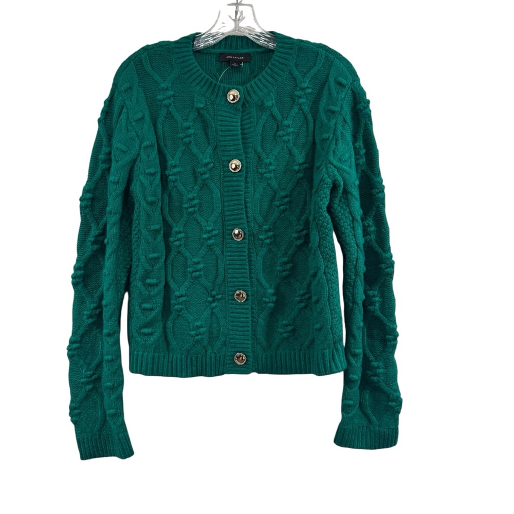 Ann Taylor cable-knit cardigan in green gold buttons Size Small